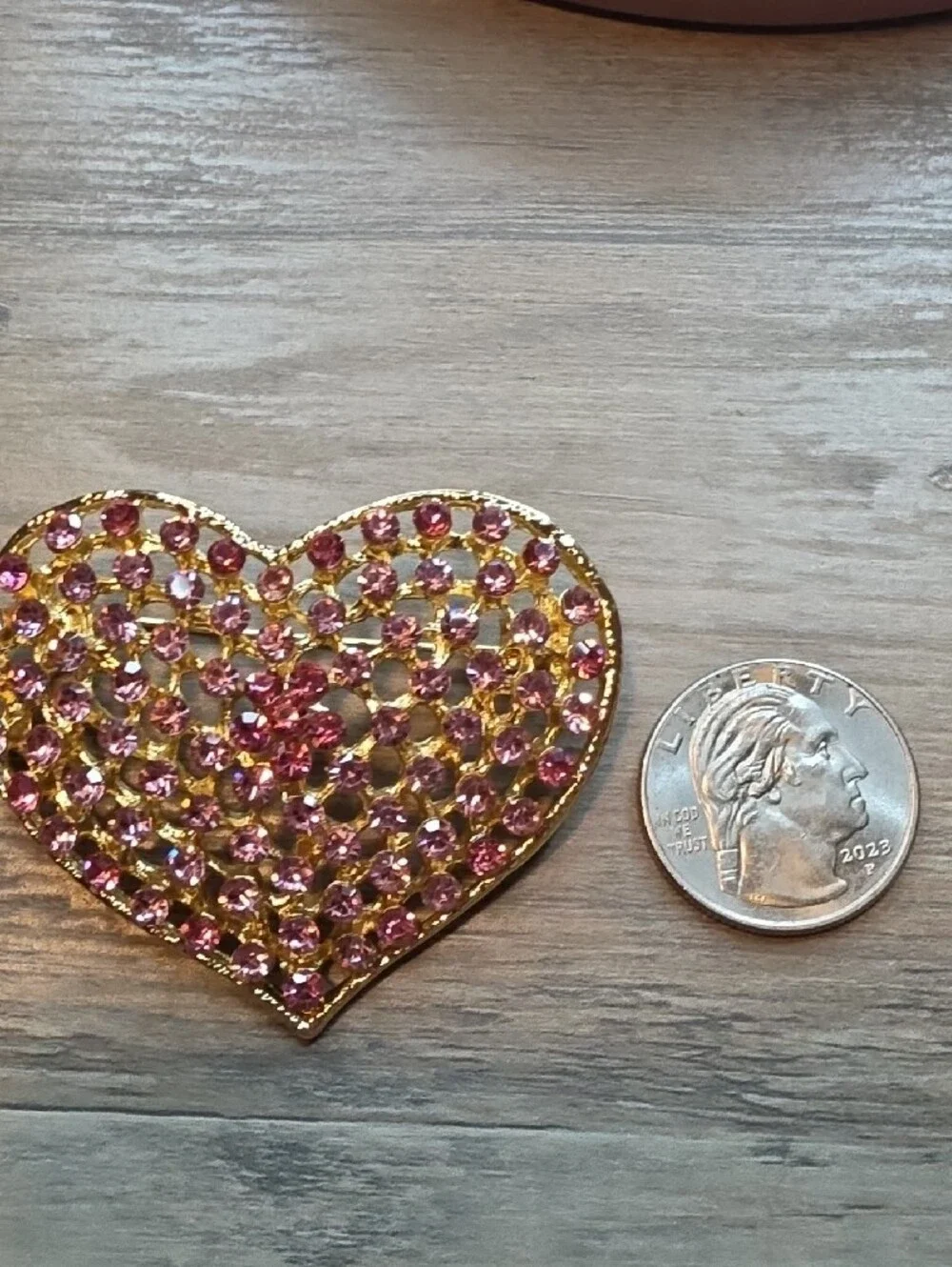 Gold Heart Brooch with Pink Crystals